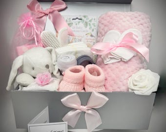 Lovely New Baby Gift Hamper, baby shower gift in a magnetic close keepsake box. Practical baby items for a newborn baby pink