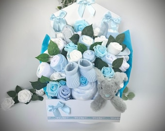 Baby clothes bouquet includes nappies, socks, comforter etc