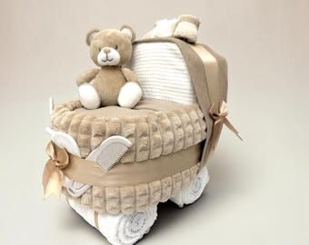 Baby Nappy Cake Pram: Beige Baby Shower Gift Hamper with Blanket