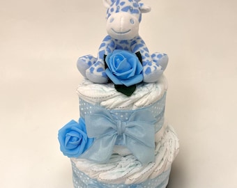 Blue 2 Tier Nappy Cake | Baby Shower | Maternity Leave | Giraffe | Gift Hamper