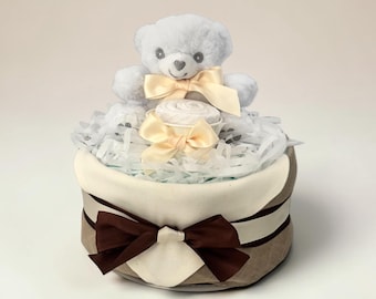 Small Nappy Cake: 1 Tier With Teddy Bear, Baby Shower Gift Hamper