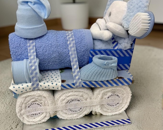 NAPPY CAKE Train baby hamper, blue & white with optional extra carriages. An amazing centrepiece!