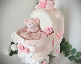 Nappy Cake Pram, pink, baby girl, baby shower, maternity leave, newborn baby hamper, new granddaughter, personalised gift tag available.