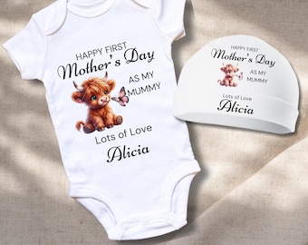 Personalised 'Happy First Mother's Day' bodysuit & Beanie hat, baby boy, baby girl 0-3 months