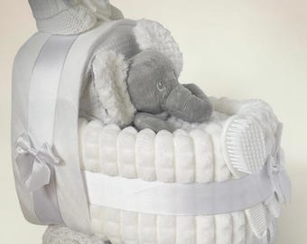 NAPPY CAKE Pram, Gorgeous Baby white with plush teddy
