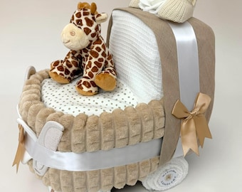 Beige Nappy Cake Pram: Baby Shower, Maternity Gift Hamper Giraffe