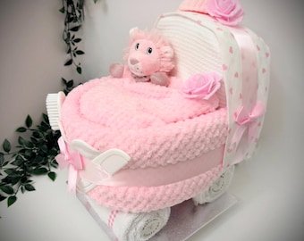 Pink Nappy Cake Pram: Baby Girl Shower Gift Hamper
