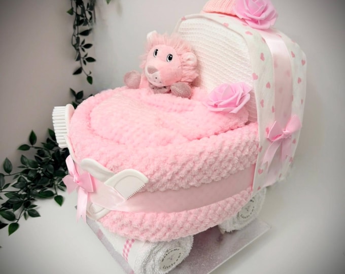 Pink Nappy Cake Pram: Baby Girl Shower Gift Hamper