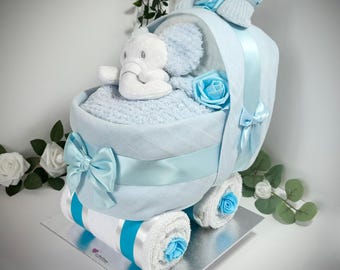 Blue Nappy Cake Pram: Baby Shower, Maternity Leave, Gift Hamper
