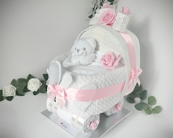 Nappy Cake Pram, pink white, baby girl, baby shower, maternity leave, newborn baby hamper, new granddaughter, personal gift tag available.