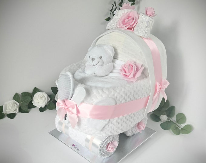 Nappy Cake Pram, pink white, baby girl, baby shower, maternity leave, newborn baby hamper, new granddaughter, personal gift tag available.