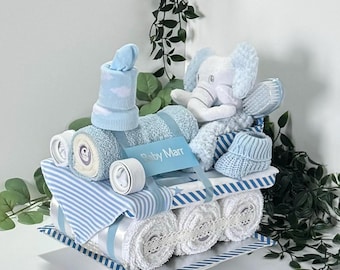 NAPPY CAKE Train baby hamper, blue & white with optional extra carriages. An amazing centrepiece!