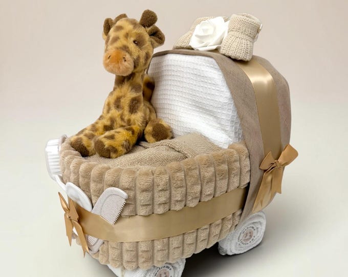 Beige Nappy Cake Pram: Baby Shower, Maternity Gift Hamper with Huggy Giraffe
