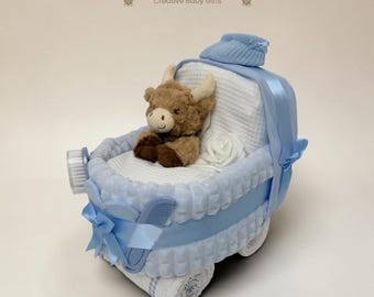 Luxury Blue Nappy Cake Pram: Personalised Baby Shower Gift Hamper with Highland Cow