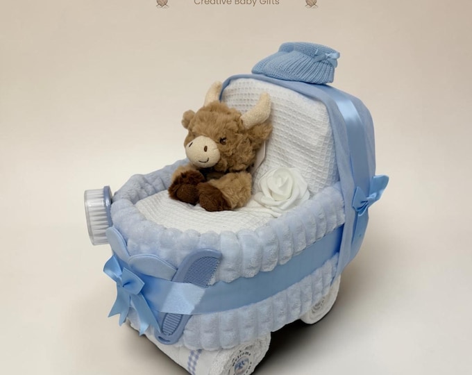 Luxury Blue Nappy Cake Pram: Personalised Baby Shower Gift Hamper with Highland Cow