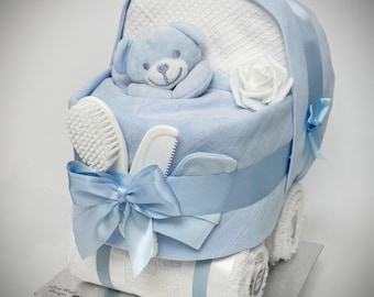 Blue Nappy Cake Pram: Baby Shower, Maternity Leave, Gift Hamper