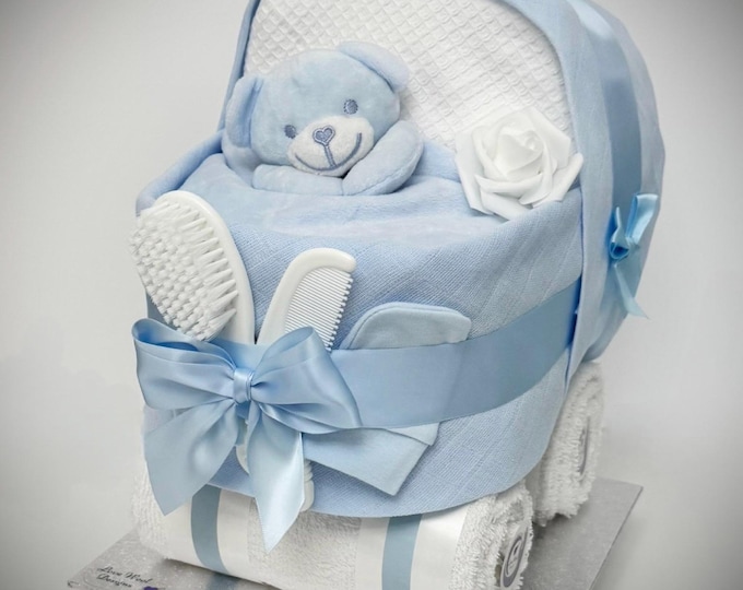 Blue Nappy Cake Pram: Baby Shower, Maternity Leave, Gift Hamper