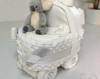 Nappy Pram with sumptuous soft pink swirl blanket with koala bear & matching rattle