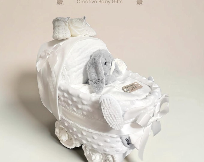 Nappy Cake Pram: Baby Shower Newborn Hamper Gift, White, Pink, Blue
