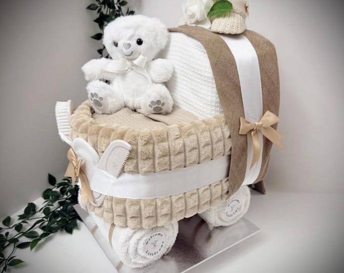 Beige Baby Nappy Cake Pram: Shower Gift Hamper with Teddy Bear
