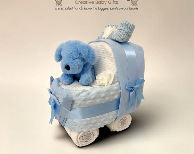 Blue Nappy Cake Pram: Baby Shower Gift Hamper with puppy