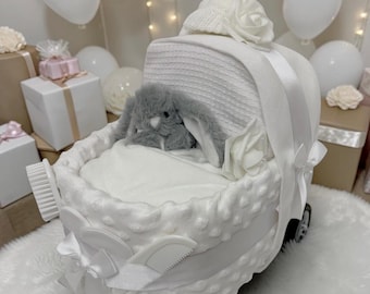 Nappy Cake Pram, in white,personalised gift tag available.