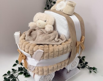 Beige Nappy Cake Pram: Unisex Baby Shower Gift Hamper With Plush Puppy