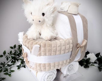 Baby Nappy Cake Pram: Beige Baby Shower Gift Hamper, Highland cow