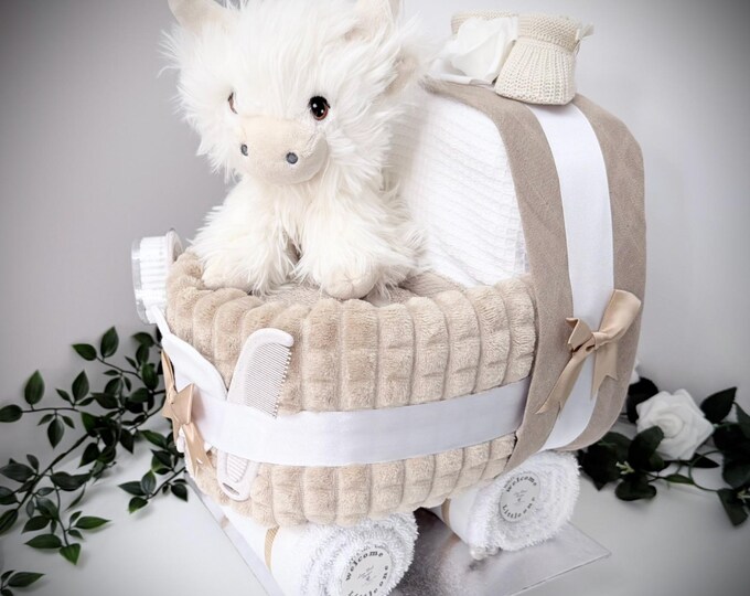 Baby Nappy Cake Pram: Beige Baby Shower Gift Hamper, Highland cow