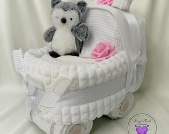 Baby Girl Nappy Cake Pram: White Pink Plush Owl Hamper Gift