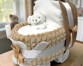 Beige biscuit Nappy Cake Pram: Baby Shower Gift Hamper with Blanket