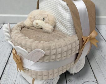 Beige Nappy Cake Pram: Baby Shower Gift Hamper with puppy