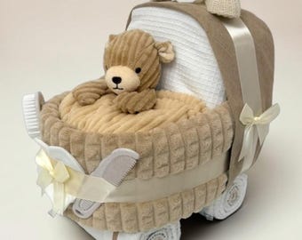Beige Nappy Cake Pram: Unisex Baby Shower Gift Hamper with Teddy Comforter
