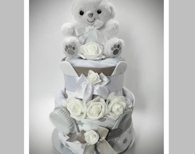 NAPPY CAKE unisex, baby shower, maternity leave, newborn baby hamper, new grandchild gift, personalised gift tag available.