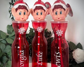 Personalised Naughty Elf drinking bottle with straw