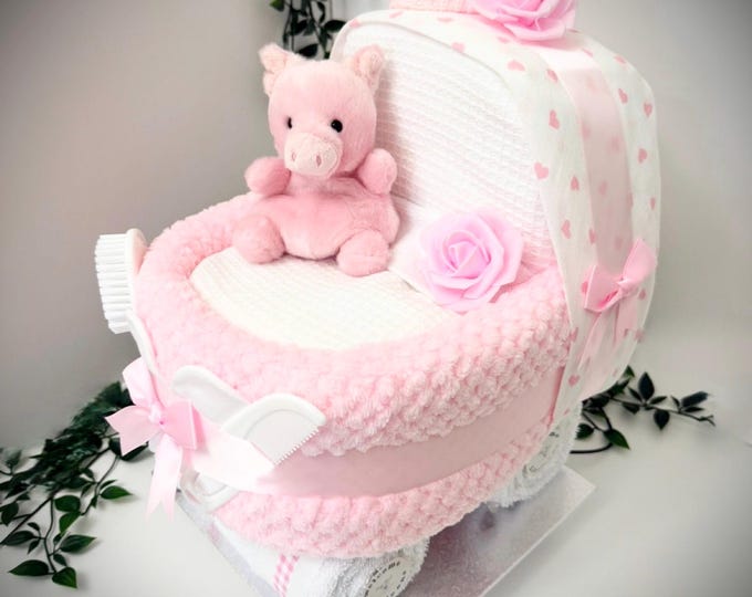 Pink Nappy Cake Pram: Baby Girl Shower Gift Hamper
