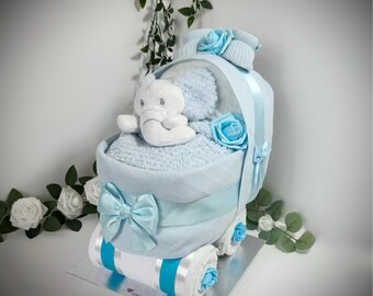 Nappy Cake Pram, blue, baby shower, maternity leave, newborn baby boy hamper, new grandchild gift, personalised gift tag available.