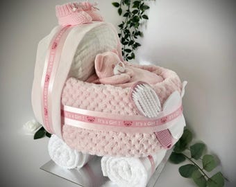 Nappy Cake Pram, pink, baby girl, baby shower, maternity leave, newborn baby hamper, new granddaughter, personalised gift tag available.