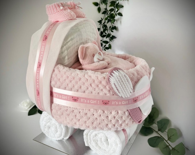 Nappy Cake Pram, pink, baby girl, baby shower, maternity leave, newborn baby hamper, new granddaughter, personalised gift tag available.