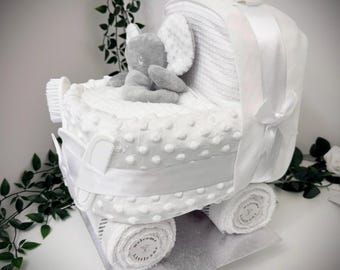 Nappy Cake Pram: Baby Shower Newborn Hamper Gift, White