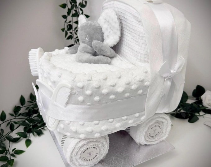 Nappy Cake Pram: Baby Shower Newborn Hamper Gift, White