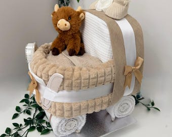 Beige Highland Cow Nappy Cake Pram: Unisex Baby Shower Gift hamper