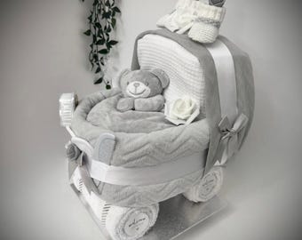 Nappy Cake Pram, grey unisex, baby shower, maternity leave, newborn baby hamper, new grandchild gift, personalised gift tag available.