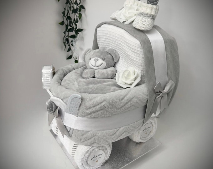 Nappy Cake Pram, grey unisex, baby shower, maternity leave, newborn baby hamper, new grandchild gift, personalised gift tag available.