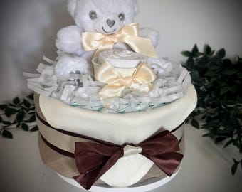 Small Nappy Cake, Muslin Square, Teddy Bear, Baby Shower Gift