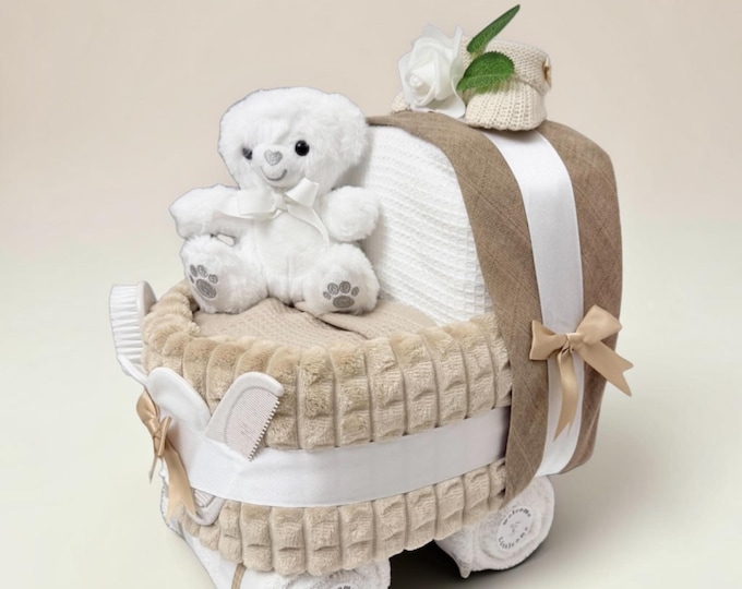 Beige Baby Nappy Cake Pram: Shower Gift Hamper with Teddy Bear