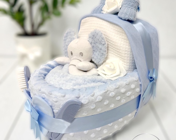 Blue Nappy Cake Pram Crib: Baby Shower Gift Hamper