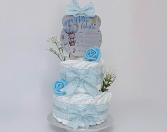 Nappy Cake: 2 Tier in Blue It’s A Boy Baby shower Gift Hamper