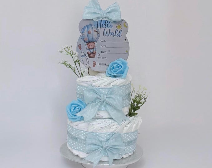 Nappy Cake: 2 Tier in Blue It’s A Boy Baby shower Gift Hamper