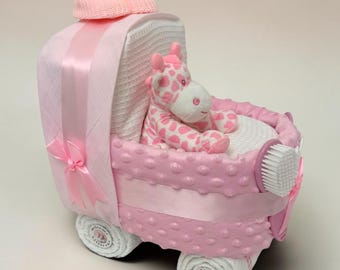 Luxury Handmade Pink Giraffe Nappy Cake Pram: Personalised Baby Shower or Maternity Gift Hamper